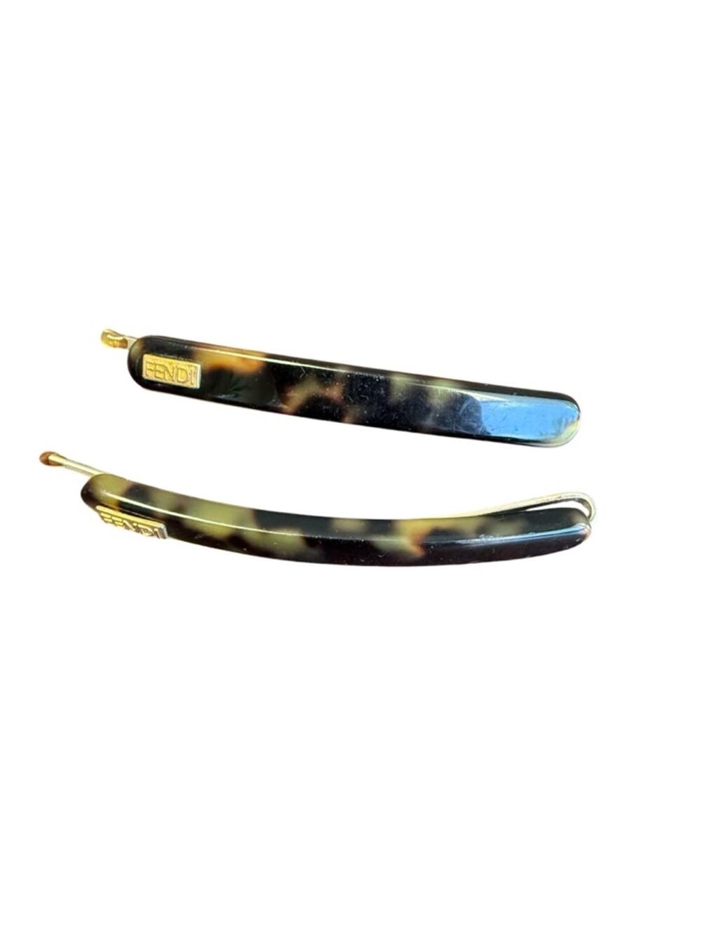 Vintage Fendi Tortoiseshell Logo Hair Barrettes Pair of Two
